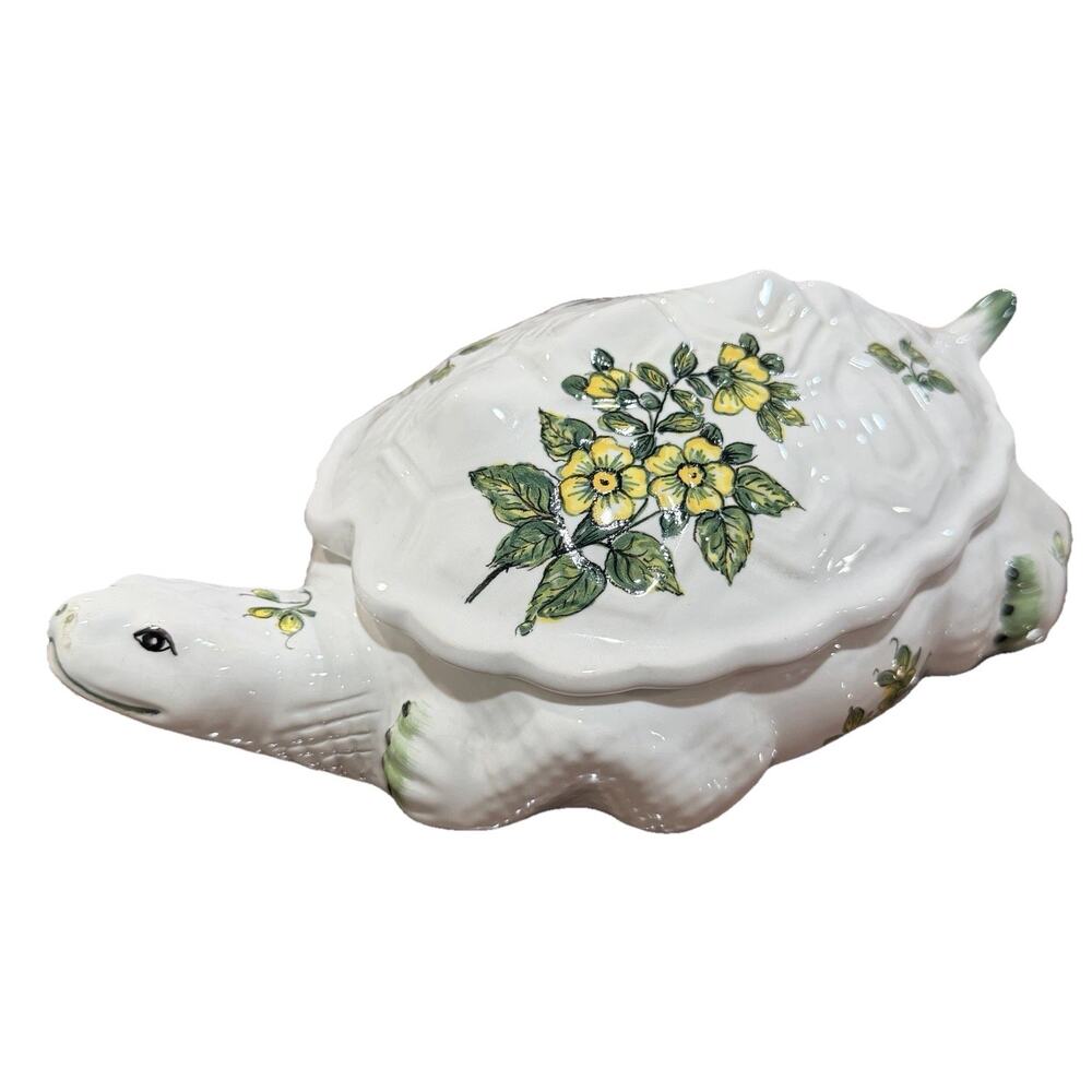 Vintage Ceramic Turtle Covered Dish-Hand Painted Floral Trinket Box Cottage core - Picture 9 of 12